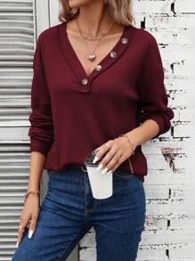 SHEIN LUNE 紐扣細節落肩袖運動衫 - 酒紅色 - 查看 5