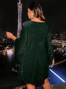 Plus Trumpet Sleeve Glitter Dress - Dark Green - View 2