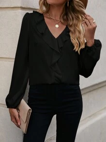 SHEIN LUNE Solid Lantern Sleeve Ruffle Trim Blouse,Long Sleeve Tops - Black - View 1
