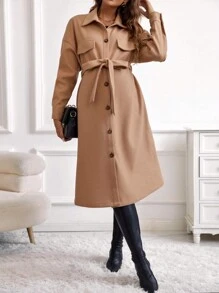 SHEIN Maternity Flap Detail Drop Shoulder Belted Coat - Brown - View 1