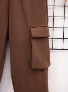 SHEIN 男童泰迪熊图案毛绒连帽卫衣，带斜插口袋和英文印花肩带斜挎包套装，抓绒面料，加厚款 - 棕色 - 查看 8