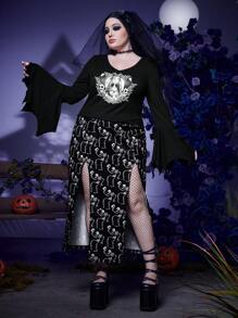 Corpse Bride | ROMWE Plus Cartoon Graphic Flounce Sleeve Tee - Black - View 3