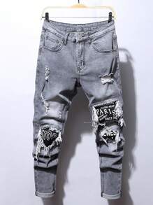Manfinity LEGND Men Cotton Stone Washed Letter Patched Ripped Jeans Going Out Hang Out Commute Tropical Street - Grey - View 1