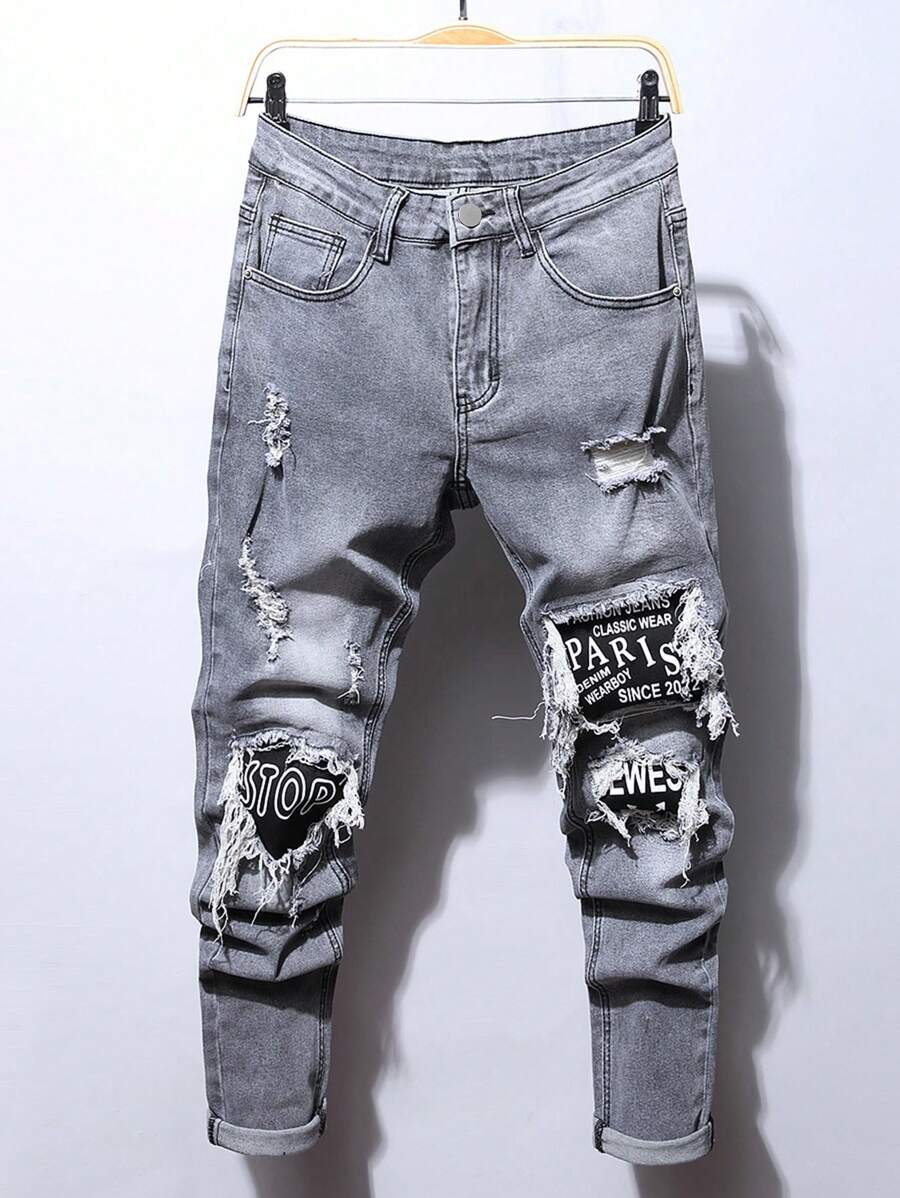 Manfinity LEGND Men Cotton Stone Washed Letter Patched Ripped Jeans Going Out Hang Out Commute Tropical Street - Grey - View 1