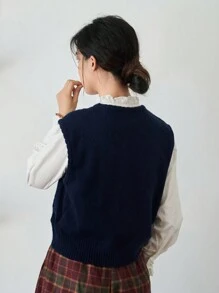 FRIFUL 1pc Floral Pattern Sweater Vest - Navy Blue - View 2
