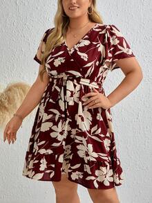 SHEIN Clasi 大碼花卉印花束帶洋裝 - 酒紅色 - 查看 5