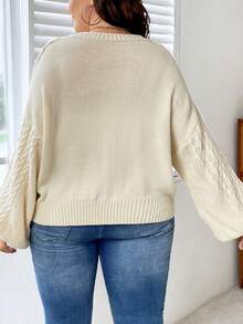 Celure Plus Floral Embroidery Cable Knit Drop Shoulder Cardigan - Beige - View 3