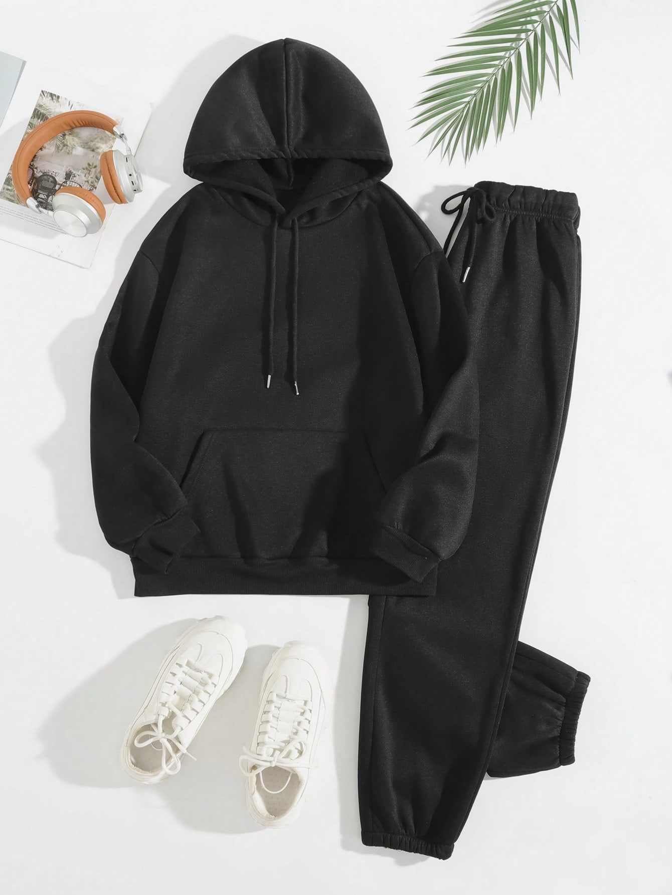 هودي حراري جيب الكنغر رباط مع بنطلون رياضي