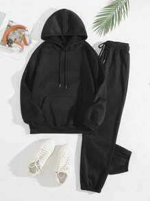 INAWLY 袋鼠口袋抽繩保暖連帽衫和運動褲