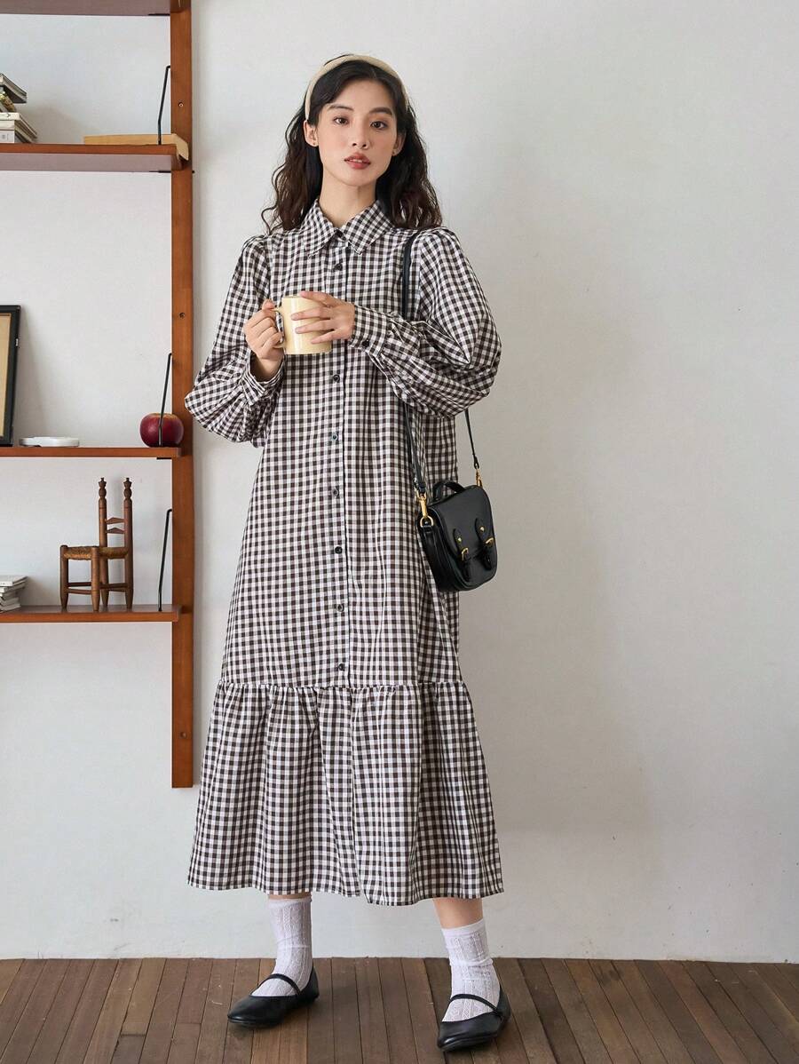 FRIFUL Váy sơ mi viền bèo in họa tiết Gingham - Nhiều màu - Xem 1