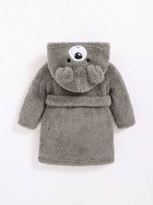 SHEIN Bé sơ sinh Bé trai Hoạt hình Thêu Thiết kế tai 3D Mũ trùm đầu Thắt lưng Áo choàng ngủ Teddy - Xám - Xem 2