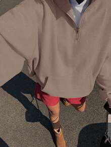 DAZY Half Zip Kangaroo Pocket Drop Shoulder Sweatshirt - Khaki - View 4