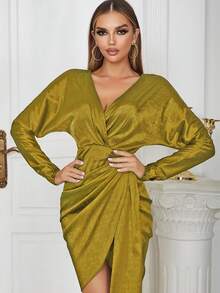 Surplice Neck Draped Detail Satin Dress - Yellow - View 6