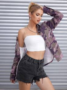 SHEIN ICON 迷彩印花前紐扣牛仔夾克 - 淺灰紫 - 查看 6