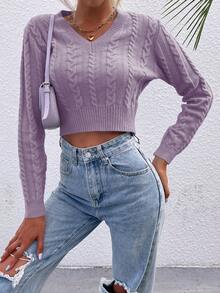 SHEIN LUNE Chất rắn Xoắn Dan Áo len Crop - Màu tím hoa cà - Xem 3