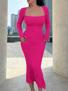INAWLY Solid Square Neck Mermaid Hem Bodycon Dress - Hot Pink - View 4