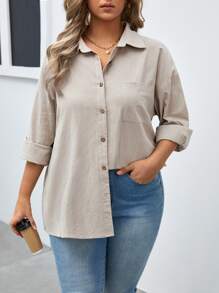 SHEIN Frenchy Plus Drop Shoulder Pocket Patched Shirt - Khaki - View 3