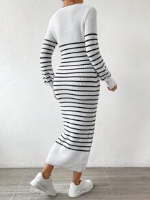 RosyDaze Striped Pattern Lantern Sleeve Sweater Dress Fall Winter Cloth For Women - Black and White - View 2