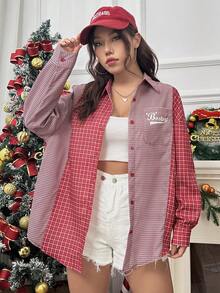 SHEIN Unity 女士时尚休闲纽扣拼布长袖衬衫