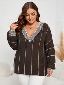 SHEIN LUNE 加大码条纹图案落肩针织套头衫秋冬毛衣 - 咖啡棕 - 查看 4