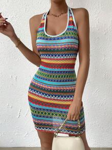 SHEIN Essnce Geo Print Contrast Binding Halter Neck Backless Bodycon Dress - Multicolor - View 1