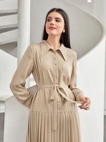 Mulvari Pleated Hem Belted Shirt Dress - Khaki - View 5