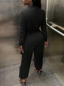 Slaydiva 女式休闲连体裤，带拉链口袋和卷边下摆，黑色，长款 - 黑色 - 查看 2