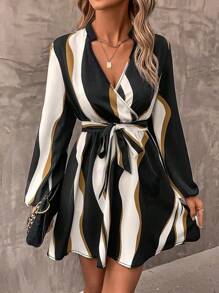 SHEIN Clasi 撞色燈籠袖繫腰帶洋裝 - 黑色 - 查看 1