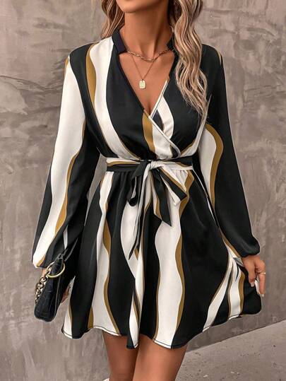 SHEIN Clasi Colorblock Lantern Sleeve Belted Dress Fall Cloth For Women