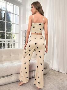 Heart Print Lace Trim Cami Top & Bow Front Pants PJ Set / Pajama Set