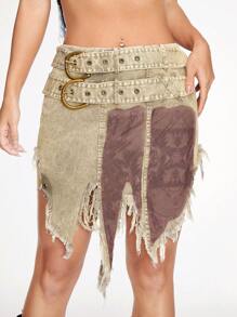 SHEINNeu 女式不对称下摆磨边拼色半身裙 - 軍綠色 - 查看 1