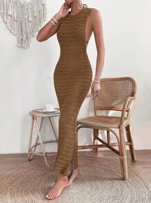 Breezaya Hollow Out Cover Up Dress Without Bikini Set,Summer Beach - Khaki - View 6