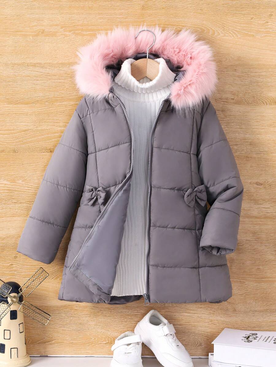 SHEIN 年轻女孩毛绒装饰连帽棉服外套（不含毛衣） - 灰色 - 查看 1