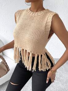SHEIN Essnce Fringe Trim Crop Sweater Vest - Khaki - View 5