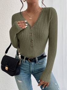 SHEIN Frenchy Button Front Ribbed Knit Bodysuit - Dark Green - View 4