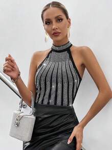 Allurite Studded Detail Halter Top - Black - View 3