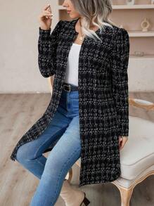 SHEIN Clasi Plus Plaid Print Open Front Coat - Black - View 4