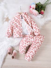 Baby Girl Leopard Print Teddy Jacket & Pants & Cami Top - Multicolor - View 1