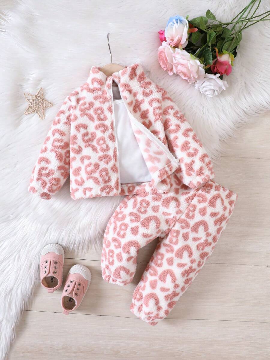 Baby Girl Leopard Print Teddy Jacket & Pants & Cami Top - Multicolor - View 1