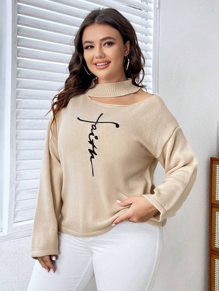 Plus Letter Embroidery Cut Out Drop Shoulder Sweater Knit Pullover Fall Winter Sweater