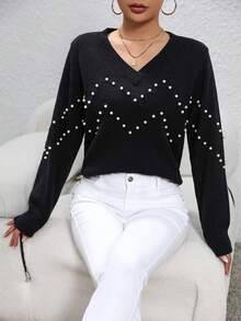SHEIN Essnce 珍珠珠飾落肩毛衣 - 黑色 - 查看 3