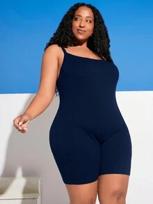 SHEIN CURVE+ Plus Solid Cami Romper - Navy Blue - View 3