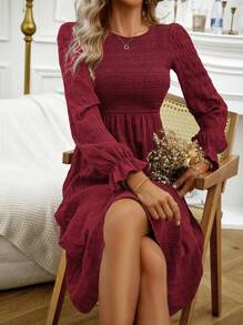 SHEIN LUNE Solid Flare Sleeve Ruffle Hem Dress - Burgundy - View 5