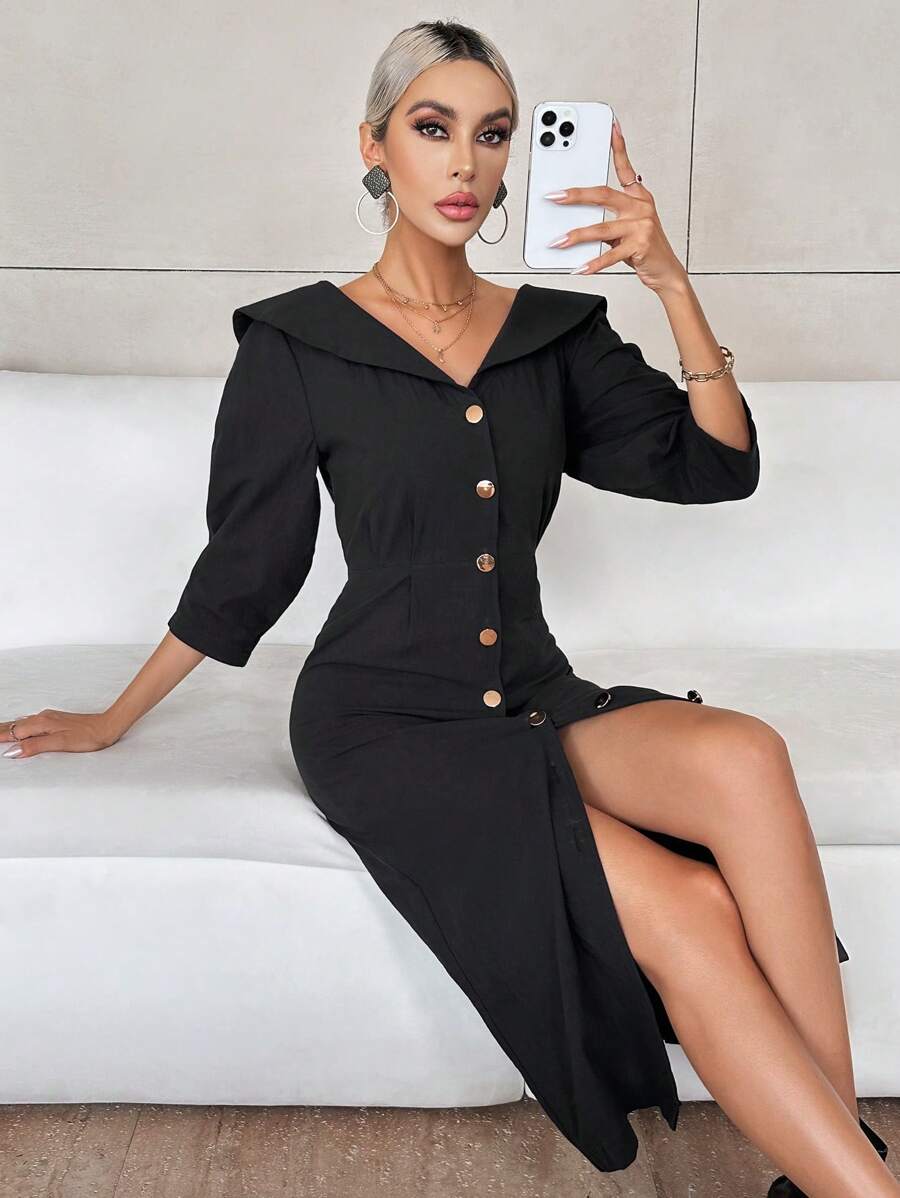 SHEIN Privé Sailor Collar Button Front Dress - Black - View 1