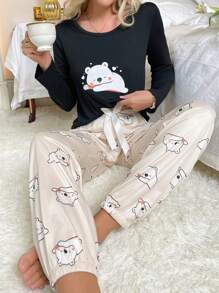 Cartoon Graphic Tee & Bow Front Pants PJ Set - Black - View 1