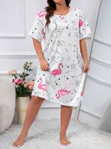 Plus Flamingo Print Pajama Nightdress - White - View 6