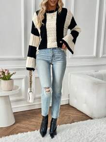 Chiquease Two Tone Cable Knit Drop Shoulder Knit Pullover Fall Winter Sweater - Multicolor - View 3