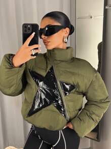SHEIN ICON Star Print Zip Up Padded Coat - Multicolor - View 3