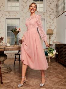 Simplee Ren tương phản Tay áo lồng đèn Váy lưới che phủ - Hồng - Xem 1