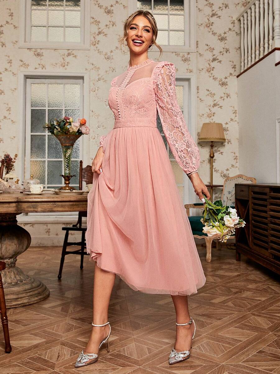 Simplee Ren tương phản Tay áo lồng đèn Váy lưới che phủ - Hồng - Xem 1